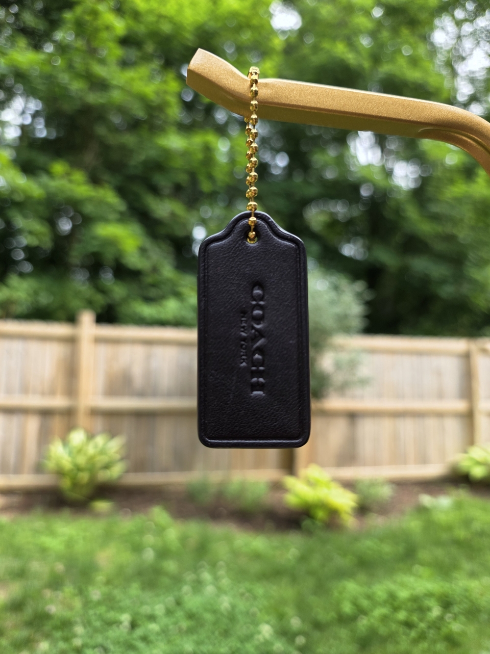 Coach Large Black Leather Tag with Gold Ball Chain & Spare Silver Ball Chain